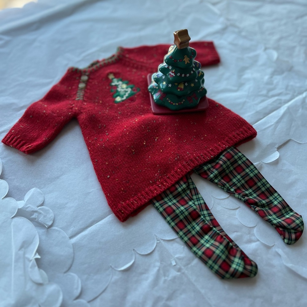 VTG 90s Bitty Baby American Girl Christmas Red Dress with Leggings and Xmas Tree